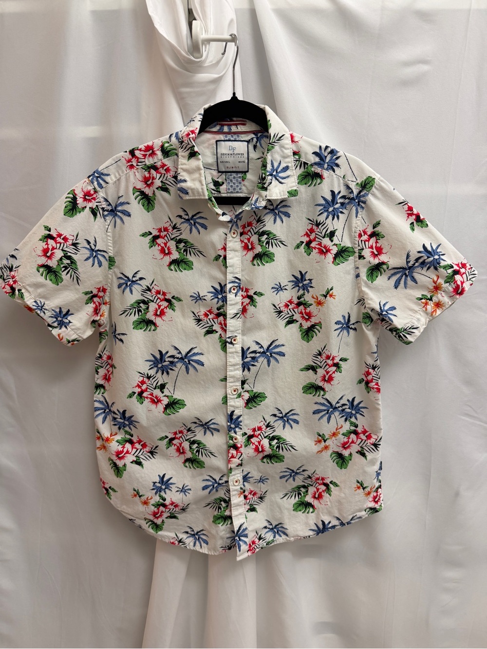 Denim & Flower Ricky Singh White Floral Tropical Palm Tree Shirt Slim Fit
